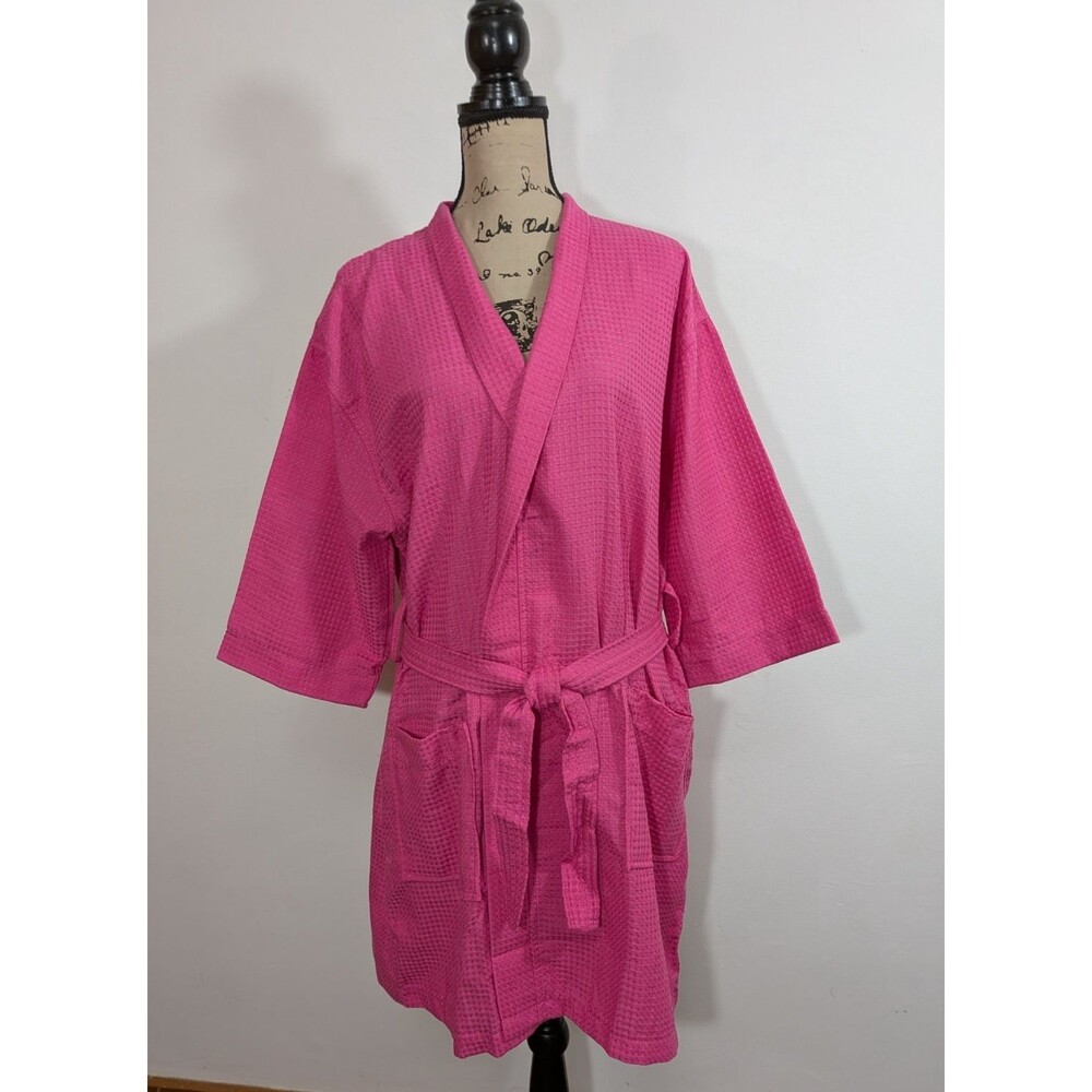 Chakir Turkish Linen Robe Short Lightweight Waffle Knit Bath Spa Kimono Pink